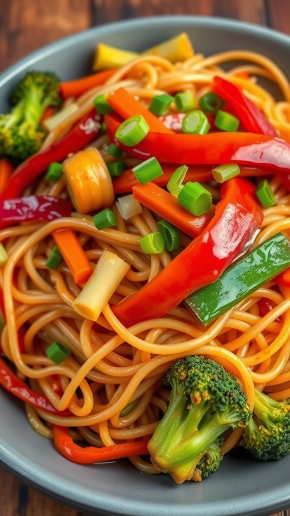 A plate of stir-fried noodles with bell peppers, broccoli, and carrots, garnished with green onions.